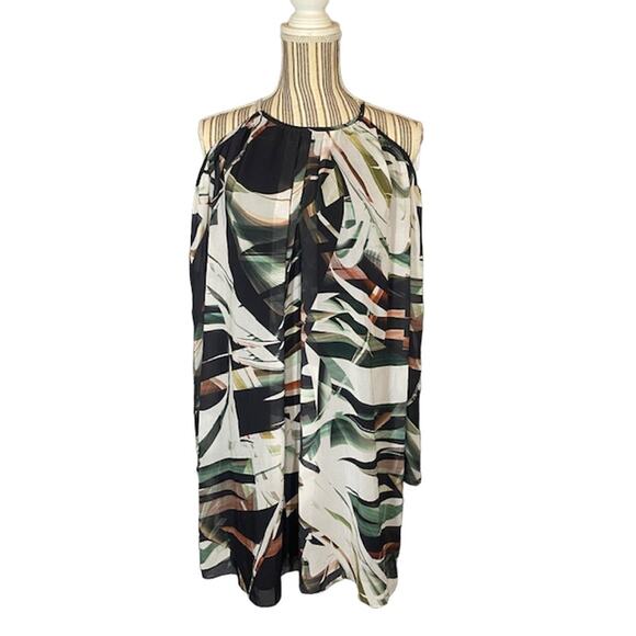 Bar III Floral Black Multicolor Singapore Flowy Cold Shoulder Dress Women Sz XS - Picture 1 of 12